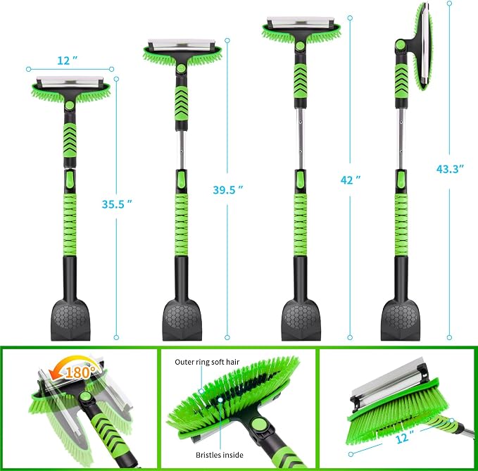 43.3'' Snow Shovel & Snow Brush with Ice Scrapers for Car Windshield,5-in-1 Extendable Thicken Aluminum Tube,180° Pivoting Brush Head & Foam Grip for Christmas, Cars, Trucks, SUVs, Vehicle（Green - Image 6