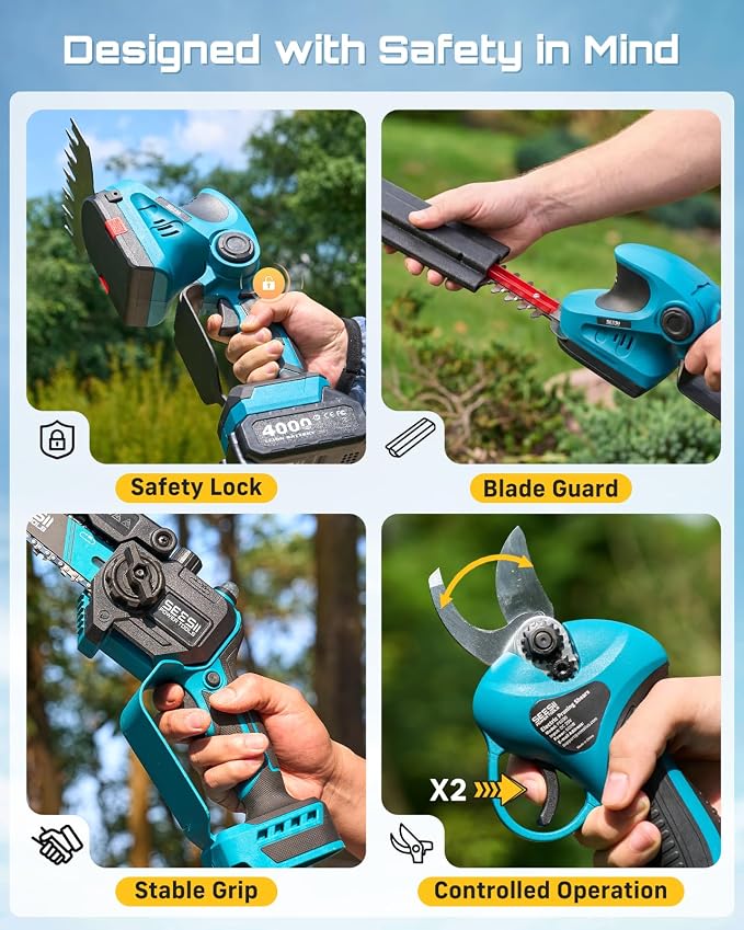 SEESII Electric Chainsaw Trimmer Pruner: 3-in-1 Cordless Chainsaw, Hedge Trimmer, Pruning Shears with 2× Rechargeable 4000mAh Batteries, Garden Tool Kit for Tree Trimming and Branch Cutting - Image 8