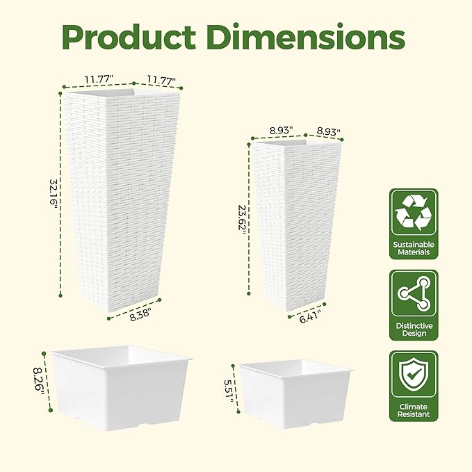 2 Pack Large Planters for Indoor Plants, Outdoor Tall Planter with Drainage Holes, Plant Pots for Trees Flowers, All-Weather Use with Removable Insert Bucket (24inch, 32 inch, White)