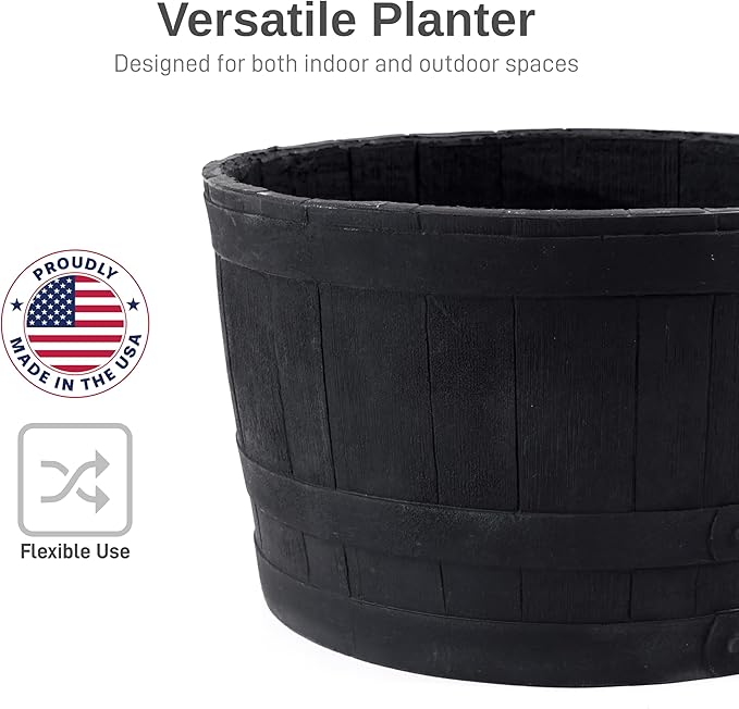 RTS Companies Home Accents 24" Whiskey Barrel Planter, Durable Polyethylene Indoor/Outdoor Flower Pot, Weather-Resistant Plastic Garden Planter, Black, 1-Pack
