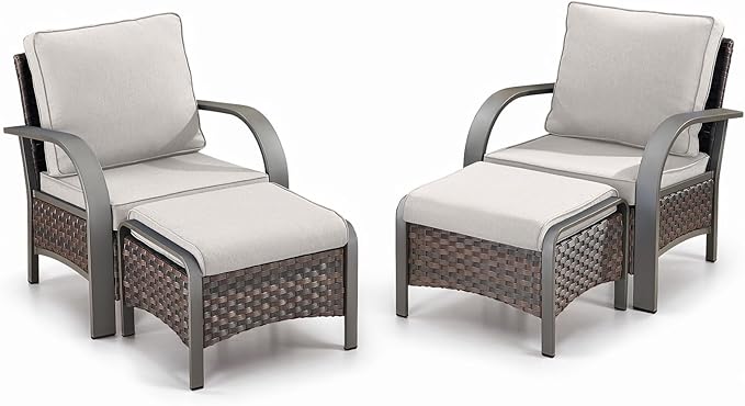 Belord 4 Pieces Wicker Patio Furniture Set Outdoor Patio Chairs with Ottomans All Weather Rattan Outdoor High Back Deep Seating Furniture for Porch Deck Sunroom Backyard