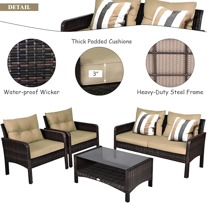 Tangkula 4 Piece Patio Furniture Set, Outdoor Wicker Conversation Set with Glass Top Coffee Table, All Weather Proof and Thick Cushions, Suitable for Porch, Garden, Poolside and Lawn (Brown)