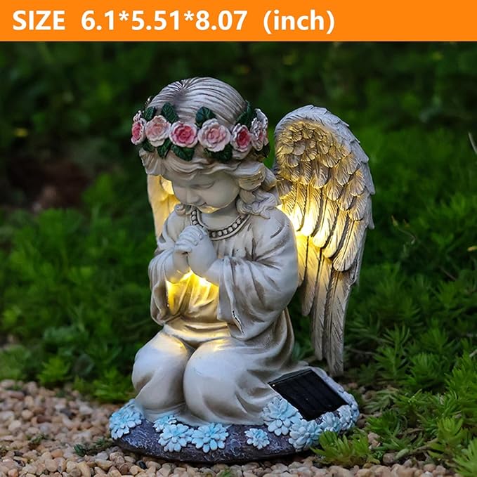 Solar Garden Outdoor Statues Lights, Resin Angel Figurine Light for Patio, Balcony, Yard, Lawn Ornament, Unique Housewarming Gifts and Yard Decor