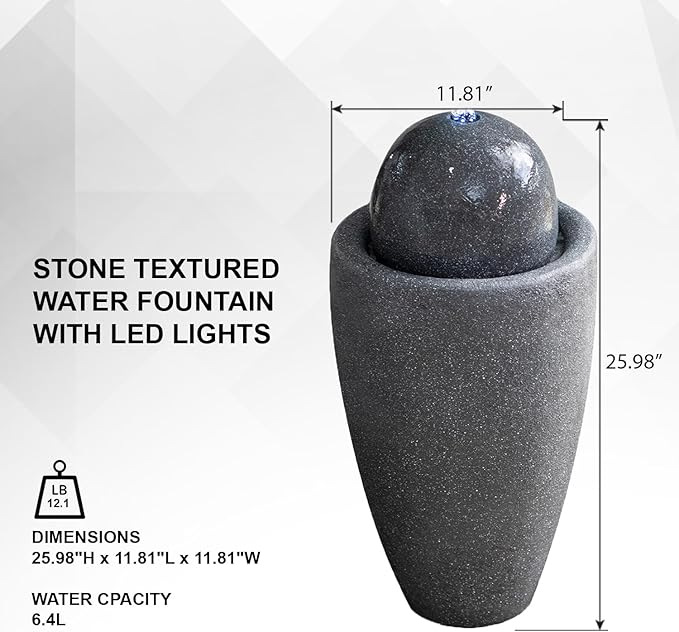XBrand 26" Modern Sphere Water Fountain with LED Light – Indoor Outdoor Stone Texture Floor Fountain, Zen Bubbling Ball Water Feature for Garden Patio Porch - Gray