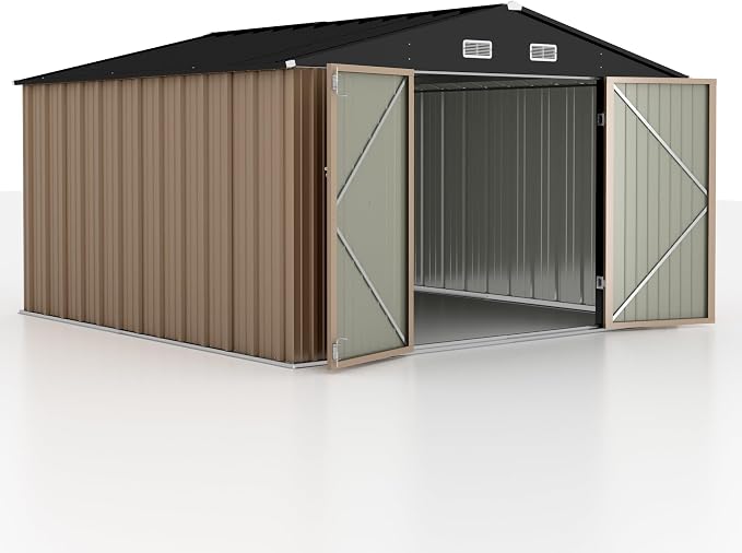 GUNJI 10 x 10 FT Shed Outdoor Storage Shed Metal Garden Shed with Lockable Door Outside Waterproof Tool Shed for Backyard, Patio, Lawn (Brown) - Image 2
