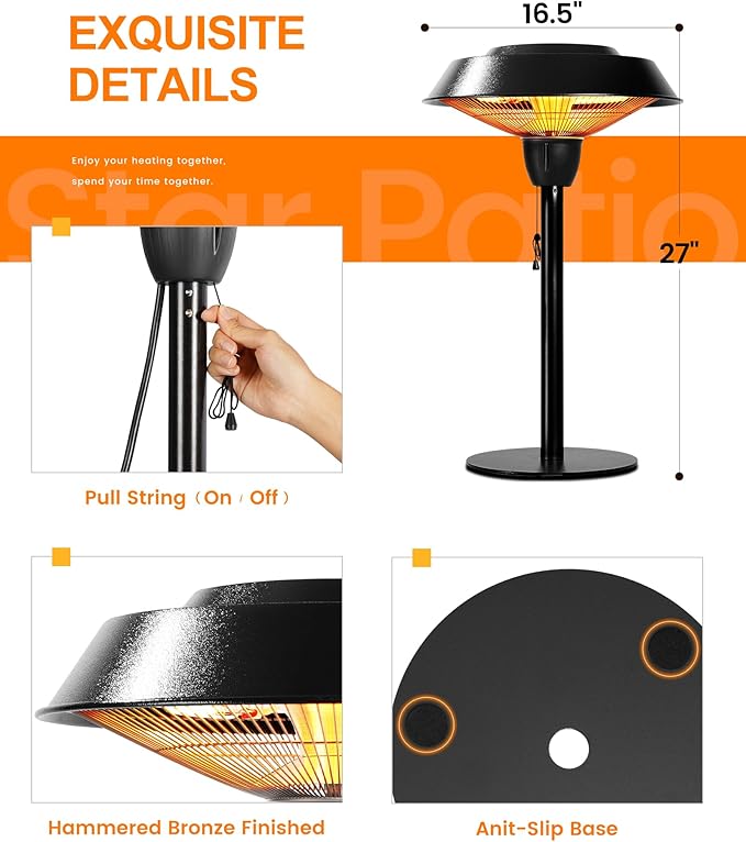 Star Patio Outdoor Heater, Electric Tabletop Heaters Tip-Over Protection, IP44 Waterproof, 1500W Infrared Patio Heater, Hammered Bronze Finished