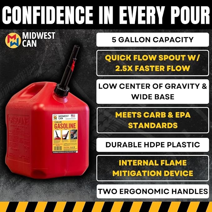 Midwest Can Company 5610 5 Gallon Gas Can Fuel Container Jugs w/Spout (2 Pack) - Image 5