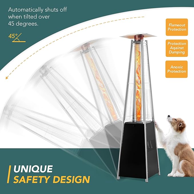 Pamapic Patio Heater with Cover, 48,000 BTU Pyramid Flame Outdoor Heater Quartz Glass Tube 87" Propane Heater