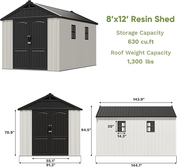 Patiowell 8x12 FT Outdoor Storage Shed, Plastic Shed Resin Garden Shed with Floor & Window & Lockable Door for Patio Furniture, Backyard Tools, Bicycles & Lawnmower, Beige - Image 4