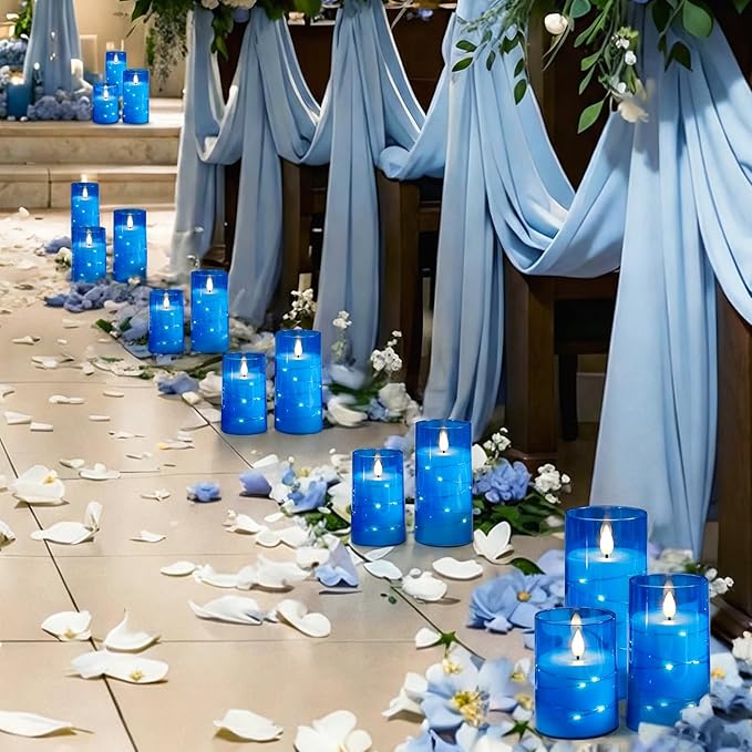 Homemory Flameless Candles with Embedded Star String Fairy Lights, Battery Operated Candles, LED Candle, Fake Candles with Remote Control and Timer, Blue, Set of 3(H 4" 5" 6?€?)