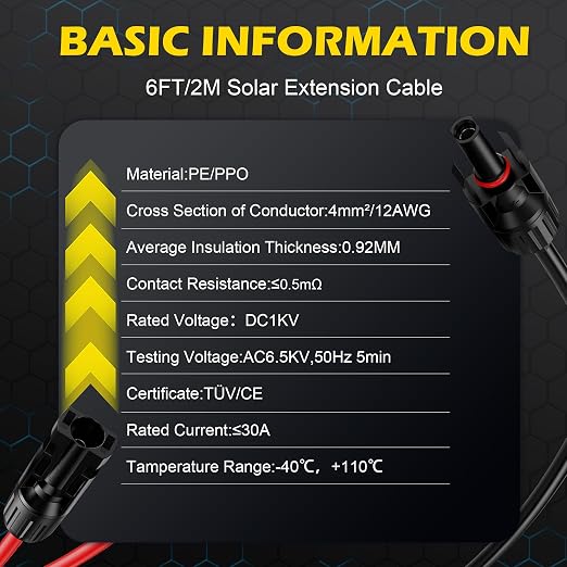 6Ft Solar Cable Solar Extension Cable,12AWG SolarPanel Extension Cable with Female and Male Connectors,Waterproof SolarExtensionCable Kit (Red and Black). - Image 2