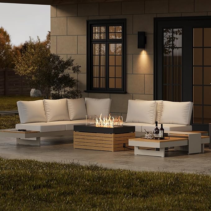 homary Patio Conversation Sets with Fire Pit-Modular Outdoor Sofa Aluminum & Teak Outdoor Sofa Se with Glass Wind Guard Ideal for Patios & Balconies, Light Gray