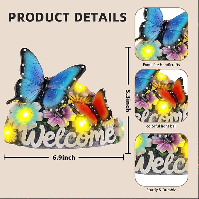 Solar Butterfly Garden Statues 5.3" Resin Butterflies Figurine with Welcome Sign Solar Butterfly Lights Outdoor Balcony Yard Patio Decor Housewarming Birthday Gifts for Women Mom Grandma