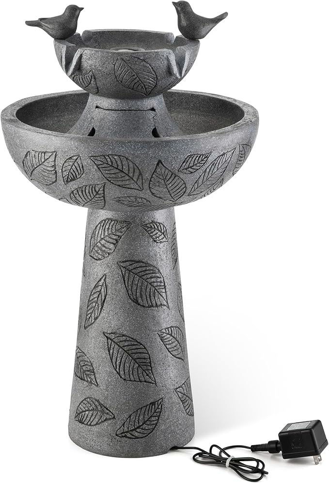 Glitzhome Outdoor Water Fountain with Lights & Pump, 26" H 2-Tiered Polyresin Bird Bath Fountain Floor-Standing Water Feature Waterfall Fountain for Garden, Yard, Patio, Home Decor