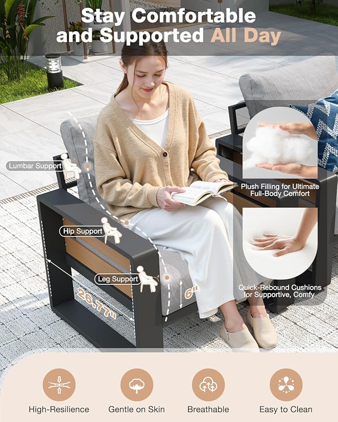 Aoxun Aluminum Patio Furniture Set, 5 Piece Luxury Outdoor Sectional with 6" Olefin Fabric Cushions, Patio Conversation Sets with Coffee Table and Waterproof Cover for Backyard, Porch Light Grey