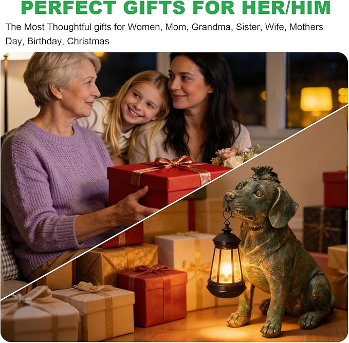 Solar Garden Statue Dog Figurine Decor with Lantern Lights, Outdoor Decoration Solar Dog Sculptures for Outside Patio Lawn Balcony Yard Ornament, Dogs Lover Gifts for Women Mom Grandma Birthday