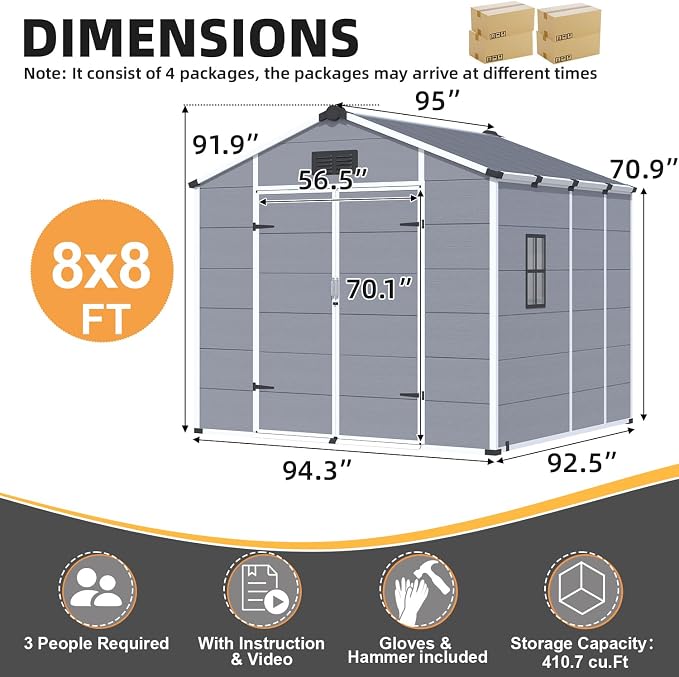 MELLCOM 8 x 8 FT Resin Outdoor Storage Shed with Floor, Storage Tool Shed with Windows and Lockable Door, Resin Garden Shed for Lawnmower, Bike, Pool Supply - Image 2