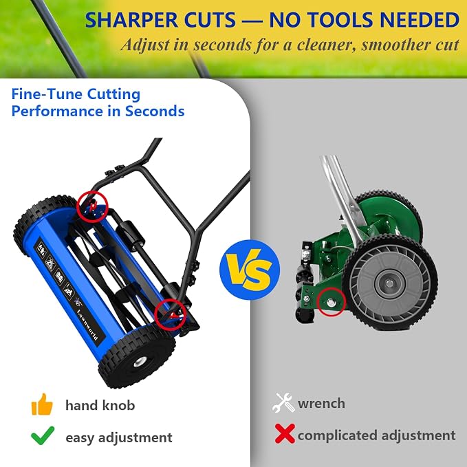 14-Inch Reel Lawn Mower with Tool-Free Blade Adjustment, 5-Blade Manual Push Lawn Mower, 5-Position Height Adjustable Hand Push Reel Mower for Small Yards - Image 2