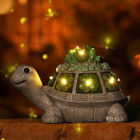 Solar Garden Outdoor Statues Turtle with Succulent and 7 LED Lights - Lawn Decor Tortoise Statue for Patio, Balcony, Yard Ornament - Unique Housewarming Gifts