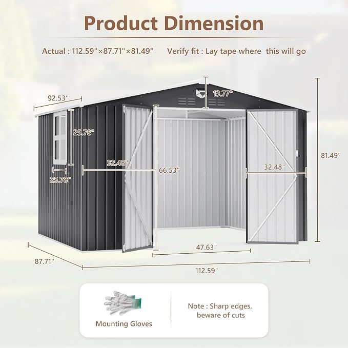 10X8 FT Outdoor Storage Shed, Metal Garden Shed - Tool Storage Sheds with Lockable Doors & 1 Clear Window, Waterproof Outside Storage Building for Backyard, Patio (Black; Floor Not Included) - Image 3