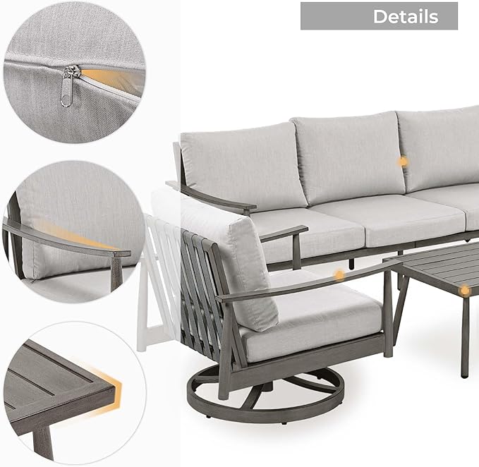 HAPPATIO Patio Outdoor Furniture Set - 4 Piece Aluminum Patio Conversation Set with 1 Coffee Table, 2 Swivel Chairs and 1 Three-Seater Sofa, Aluminum Outdoor Furniture Set for Backyard Poolside (Grey)