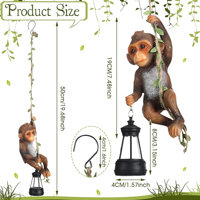 Solar Light Outdoor Monkey Statues Brown 7.48 Inch Resin Chimpanzee Baby Monkey Climbing on Vine with LED Lantern Waterproof Hanging Figurine with Hook for Yard Garden Wall