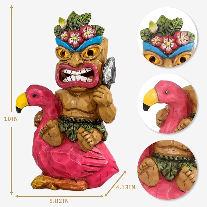 Tiki Outdoor Statue with Flamingos Decor - Solar Powered Garden Figurine Tiki Art for Tiki Bar,Backyard,Garden,Yard,Flowerbed,Walkway,Patio,Lawn,Porch Decorations,Gifts