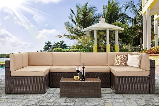 U-MAX 7 Piece Outdoor Patio Furniture Set with 43 Inch Fire Pit Table, PE Rattan Wicker Sofa Set, Outdoor Sectional Furniture Chair Set with Cushions and Tea Table, Brown Rattan&Beige Cushion