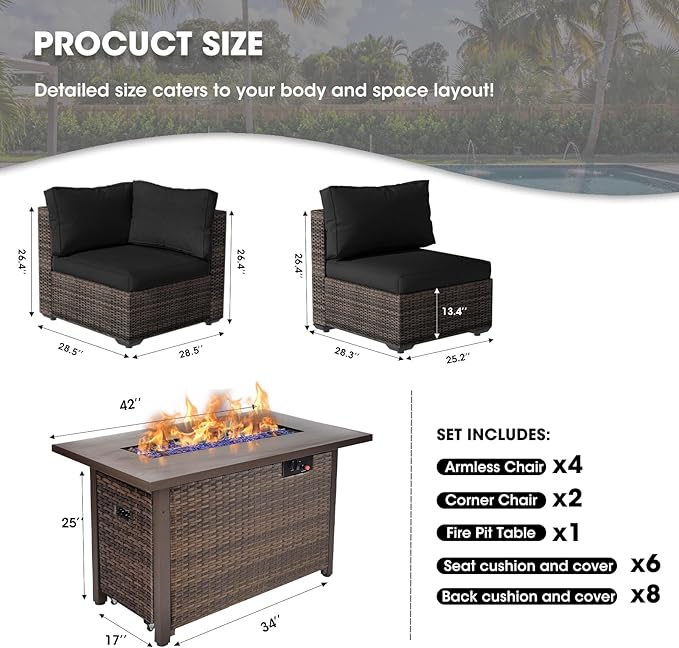 Grezone 7 Piece Patio Furniture Set with 44" Fire Pit Table, Outdoor Sectional Couch, PE Rattan Patio Conversation Sets with 4inch Cushions for Backyard Black (BK)