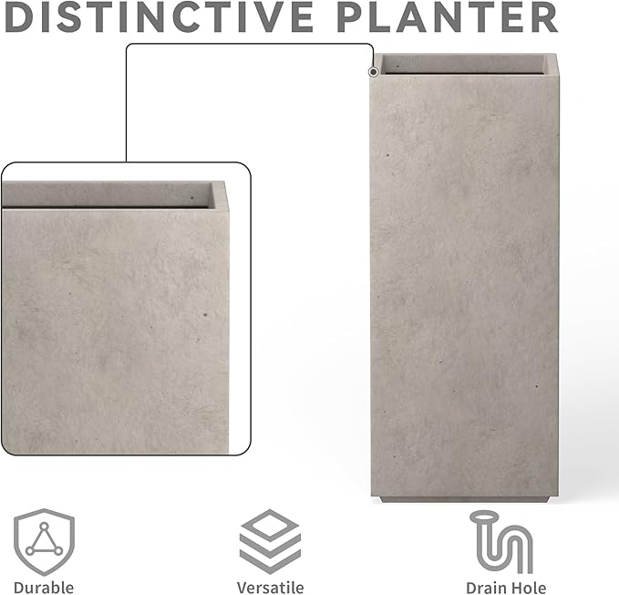 Kante 20.3" H Tall Rectangular Concrete Planter, Modern Square Diameter Plant Pot with Drainage Hole and Rubber Plug for Indoor Outdoor Home Patio Garden, Weatheted Concrete