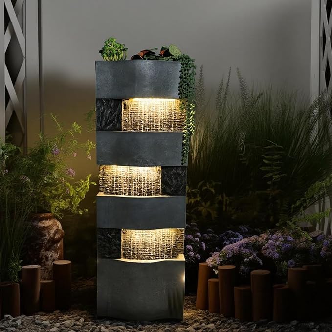 40.5" H Modern Outdoor Water Fountain with LED Lights – Tall Garden Waterfall Fountain for Patio, Yard, Landscape or Indoor Decor, 4 Tiers Floor Standing Waterfall Outdoor Fountains