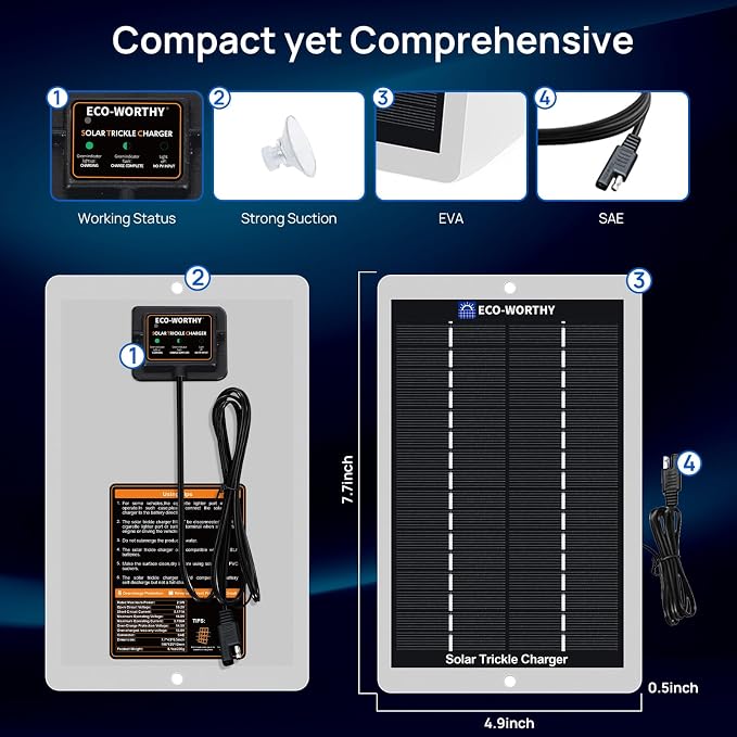 ECO-WORTHY 2.5W Solar Car Battery Charger Maintainer 12V Waterproof Solar Panel Portable Solar Trickle Charger for Car Truck Boat Lawn Mower RV Trailer Tractor Utility Vehicle Battery - Image 6