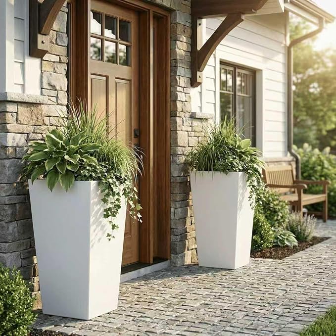 SnugNiture Taper Tall Planters 30 Inch Set of 2, Large Planter for Indoor Outdoor Plants, Modern Flower Pot Containers Large Decorative Tree Planter, White