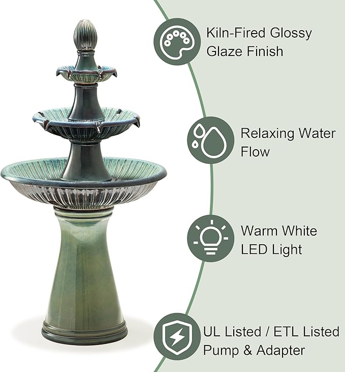 Glitzhome Water Fountain Outdoor Floor-Stand Fountain with LED Light & Pump, Oversized 3 Tier Ceramic Turquoise Waterfall Patio Fountains and Waterfalls Outdoor Yard Fountains for Lawn Garden Backyard