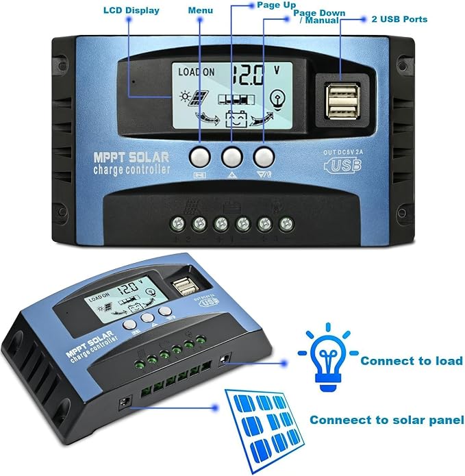 100A MPPT Solar Charge Controller, 12V/ 24V Solar Panel Battery Intelligent Regulator with Dual USB Port, LCD Display and Timer Setting ON/Off Hours - Image 3