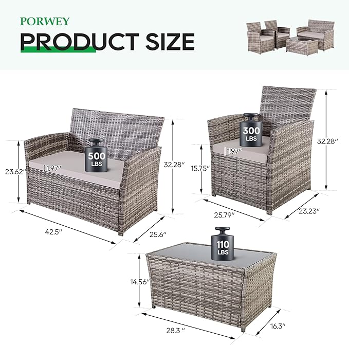 Patio Outdoor Furniture 4 Pieces Sectional Sofa Set Balcony Furniture Wicker Rattan Chairs with Table and Loveseat for Garden, Porch, Backyard, Gray Wicker/Gray Cushion