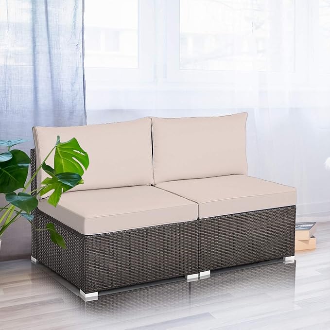 Tangkula 2 PCS Outdoor Wicker Armless Sofa, Patio Rattan Sectional Sofa Set w/2 Thick Seat Cushions and 2 Back Cushions, Additional Seats for Balcony Garden Patio Poolside (Black)