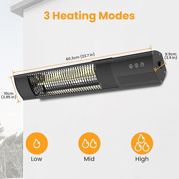 Heating Wall-Mounted Outdoor Heaters for Patio, Indoor/Outdoor Hanging Electric Patio Heater 1500W 3 Heat Modes with Remote, Infrared Outdoor Heater IP55 Resistant, 24H Timer, Black