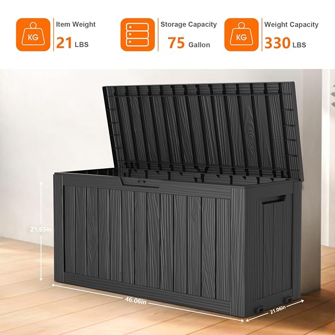 PatioZen 75 Gallon Resin Deck Box, Lockable Patio Outdoor Storage Box for Furniture, Garden Tools and Tools Storage, Waterproof Outside Storage Boxes - Black - Image 5