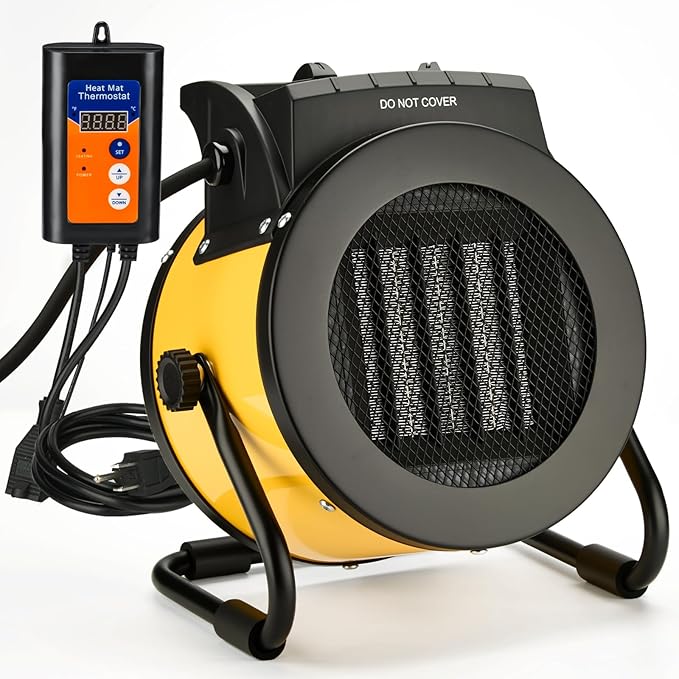 Greenhouse Heater with Thermostat, Outdoor Heaters for Patio, 3 Modes for PTC Ceramic Fast Heating, Overheat Protection, IPX4 Waterproof for Greenhouse, Grow Tents, Patio, Black-Yellow