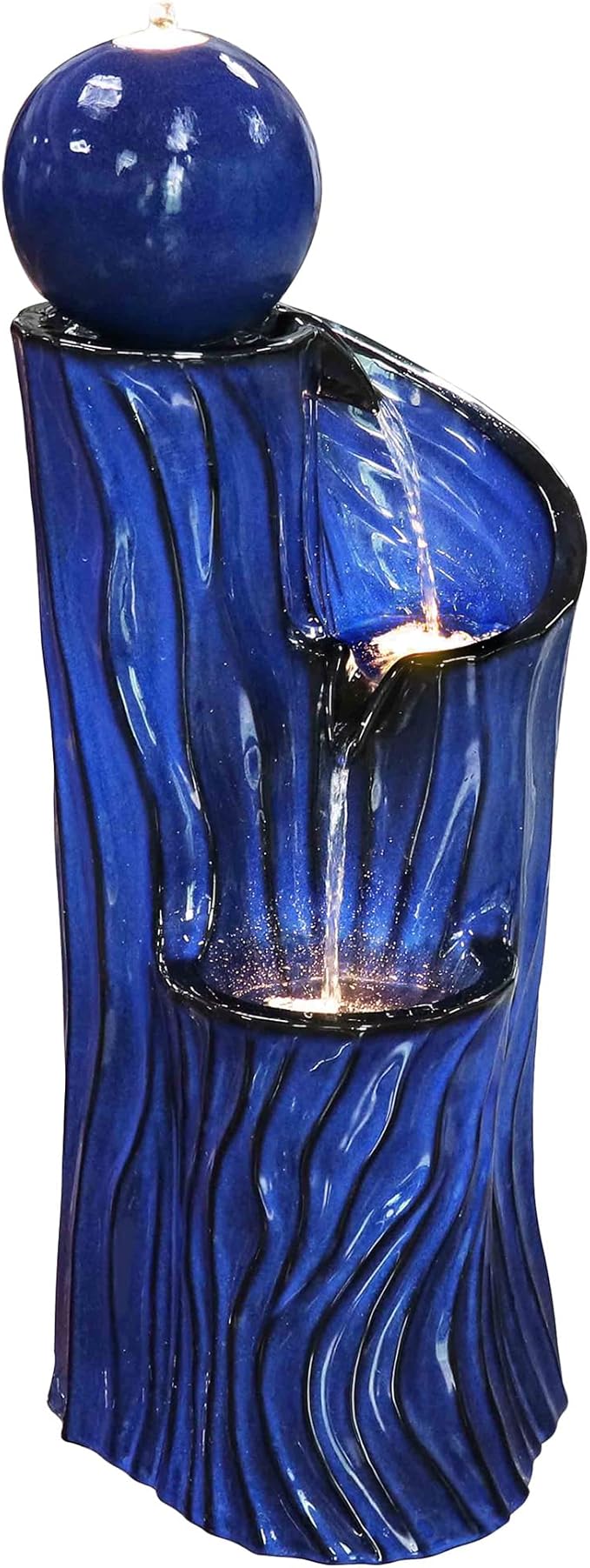 32" H Ceramic Outdoor Water Fountain with LED Lights, 3-Tier Cascading Sphere Water Feature, Tranquil Waterfall for Relaxing Garden, Patio, Yard, or Porch, Cobalt Blue, Dynamic Wave-Texture