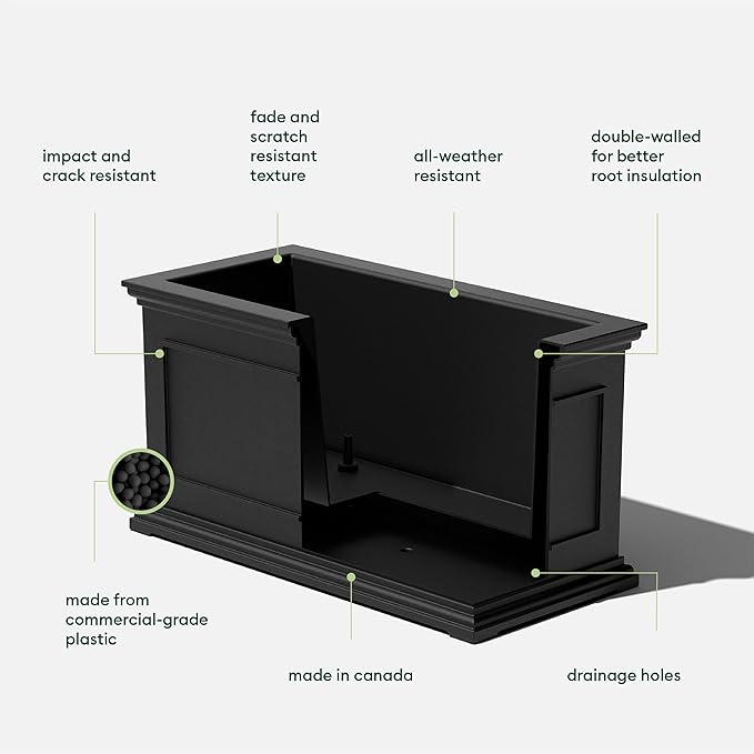 Veradek Brixton Series Large Plastic Planter - Black, Outdoor Patio/Balcony, All-Weather Resistant, Dimensions: 17.5"H x 16"W x 32"L, Classic Estate Design for Flowers, Trees, Shrubs