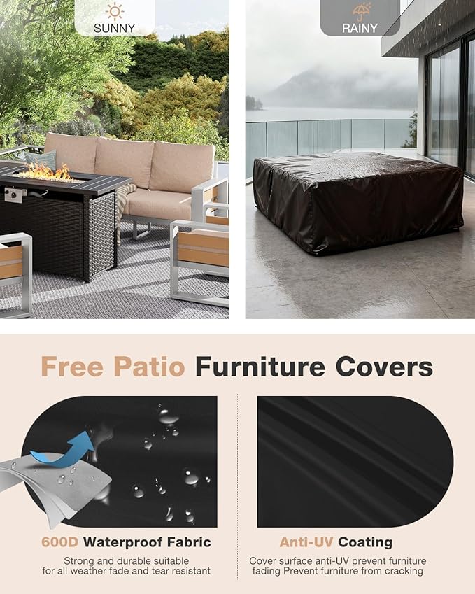 Aoxun Aluminum Patio Furniture Set with Fire Pit Table, 5 Piece Luxury Outdoor Sectional with 6" Olefin Fabric Cushions, Patio Conversation Sets with Waterproof Cover for Backyard, Porch Beige