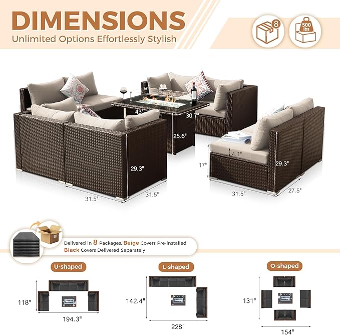 BULEXYARD 9 Pcs High Back Outdoor Sectional Set with Firepit Table, High-End Patio Furniture Seating Set, Big Oversized Wide Deep Modular 8-Seater Couch Sofa for Backyard, Brown Wicker & Black Cushion