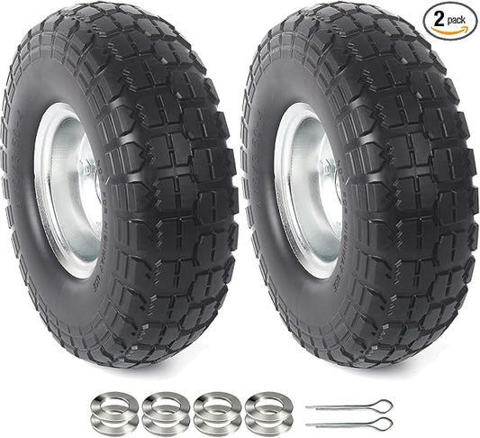 AR-PRO (2-Pack) 10-Inch Solid Rubber Tire Wheels - Replacement 4.10/3.50-4" Flat Free Tire with 5/8" Bearings, 2.2" Offset Hub - Compatible with Hand Truck, Wheelbarrow, Dolly, Gorilla Carts by AR-PRO