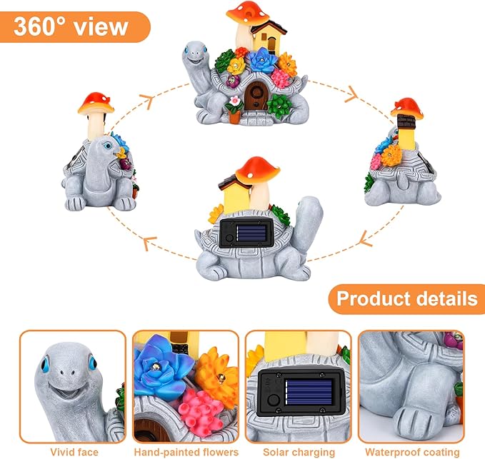 Solar Garden Outdoor Statues Turtle with 7 LED Lights, Shatter-Resistant Resin Tortoise Garden Ornaments for Yard, Patio, Lawn, Balcony, Home, Mom Birthday Gifts for Women Grandma