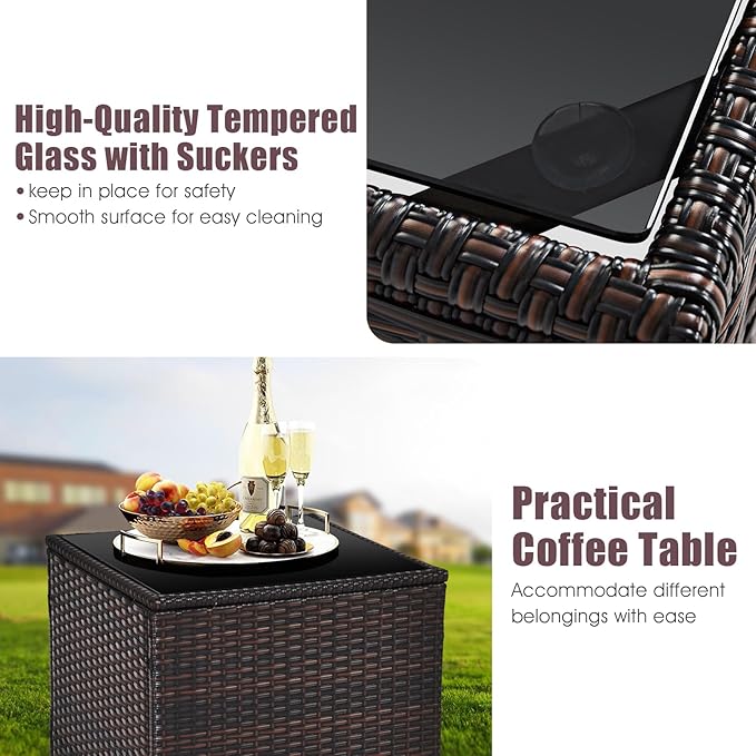 KOTEK 3 Piece Patio Furniture Set, Outdoor Conversation Set with Washable Cushions & Tempered Glass Tabletop, PE Rattan Wicker Bistro Set for Porch, Garden, Balcony (Grey)