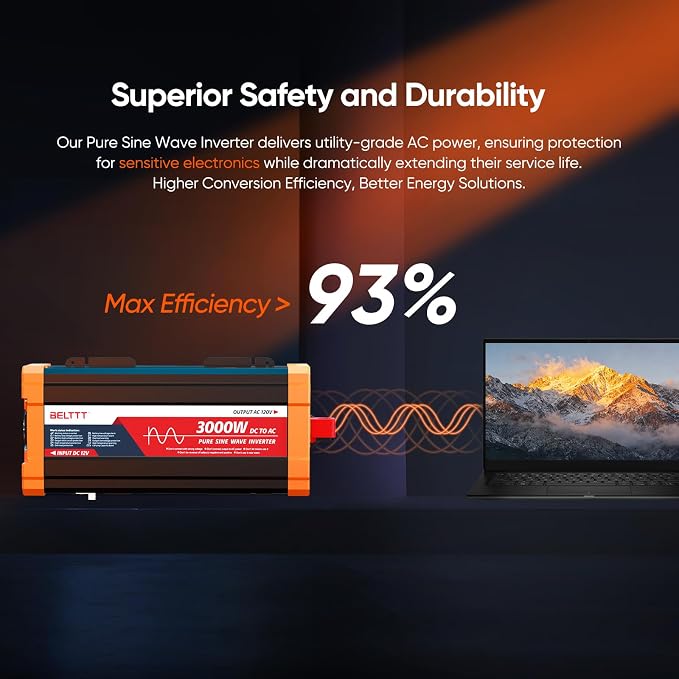 BELTTT 3000W Pure Sine Wave Inverter 12V DC to 120V AC for Solar, Off-Grid, RV, Truck, Home, Power Inverter with Dual AC, 20A Socket, 5V 2.1A USB, Hardwire Port, Remote Controller 23Ft Cable - Image 5
