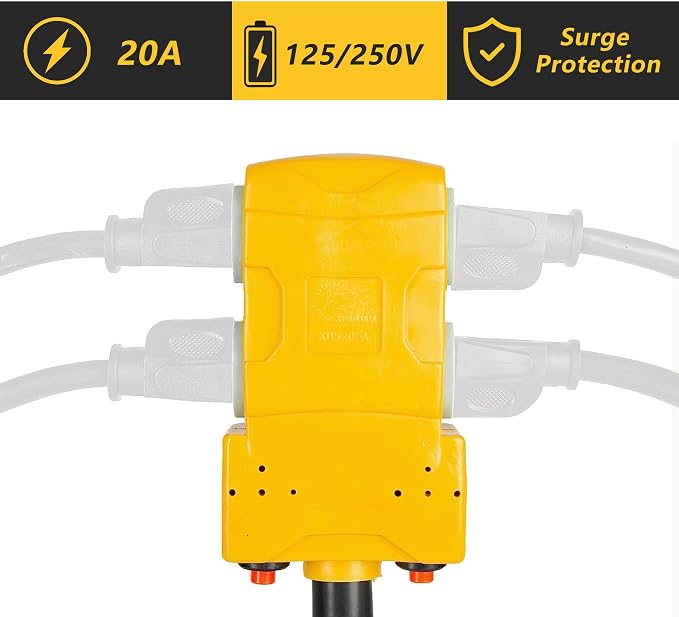 50 Amp to 20 Amp 110V RV Distribution Adapter, NEMA 14-50P to 4 X 5-20R/15R RV Generator Adapter, 4-Prong to Mutiple Household Outlet w/ 20amp Circuit Breaker, 1.5FT - Image 3