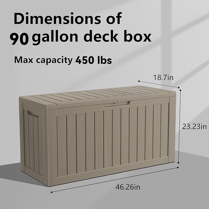 PatioZen 90 Gallon Resin Deck Box, Lockable Patio Outdoor Storage Box for Furniture, Garden Tools and Tools Storage, Waterproof Outside Storage Boxes - Grey - Image 4